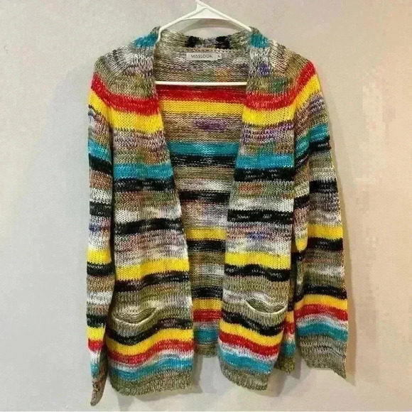 Misslook Women’s Open Front Stripe Multicolor Chunky Knit Cardigan Size XL - Picture 1 of 7